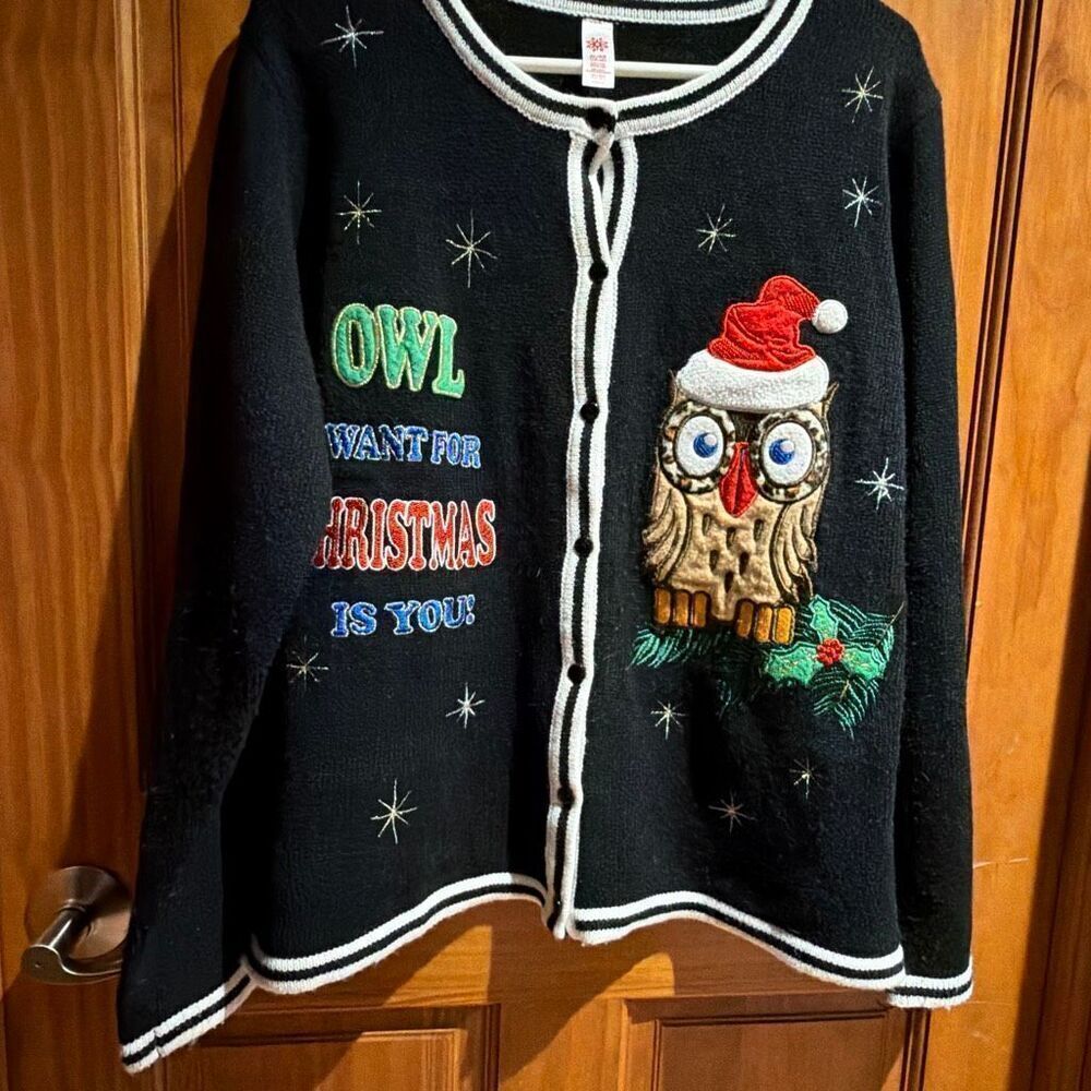 Christmas Cardigan Owl Sweater XL Owl I Want For Christmas Is You Black and Whit